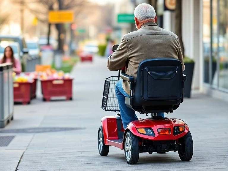 elderly man riding mobility scooter grocery shopping