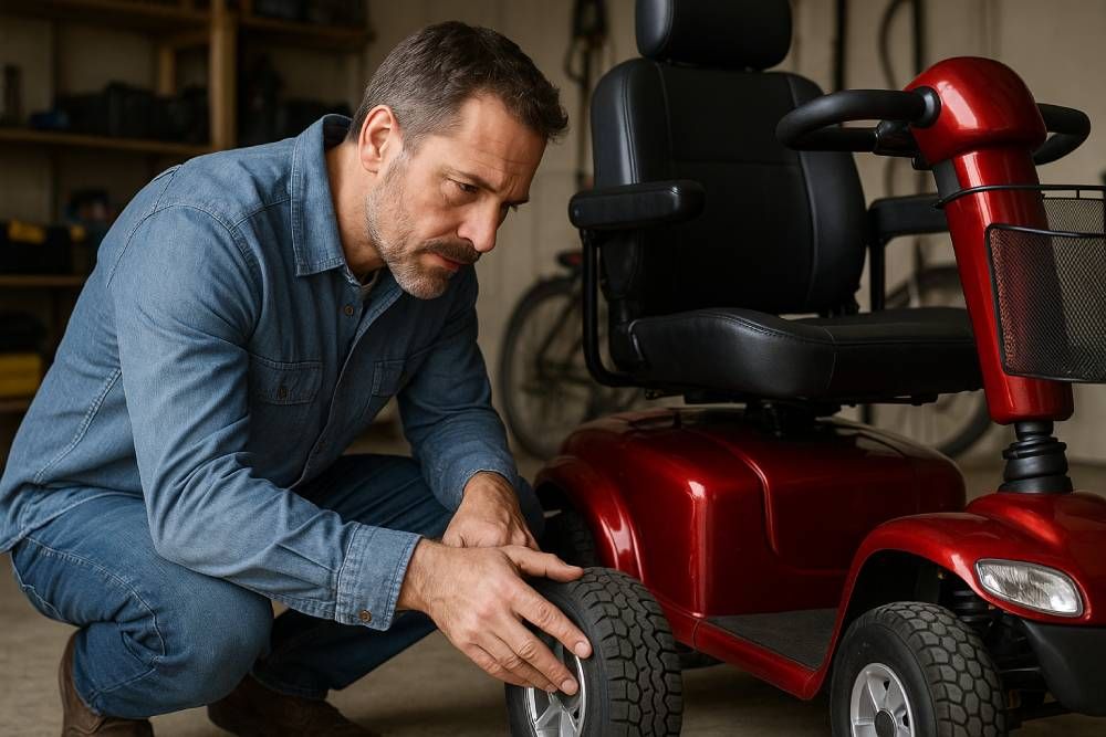 man checking mobility scooter tires