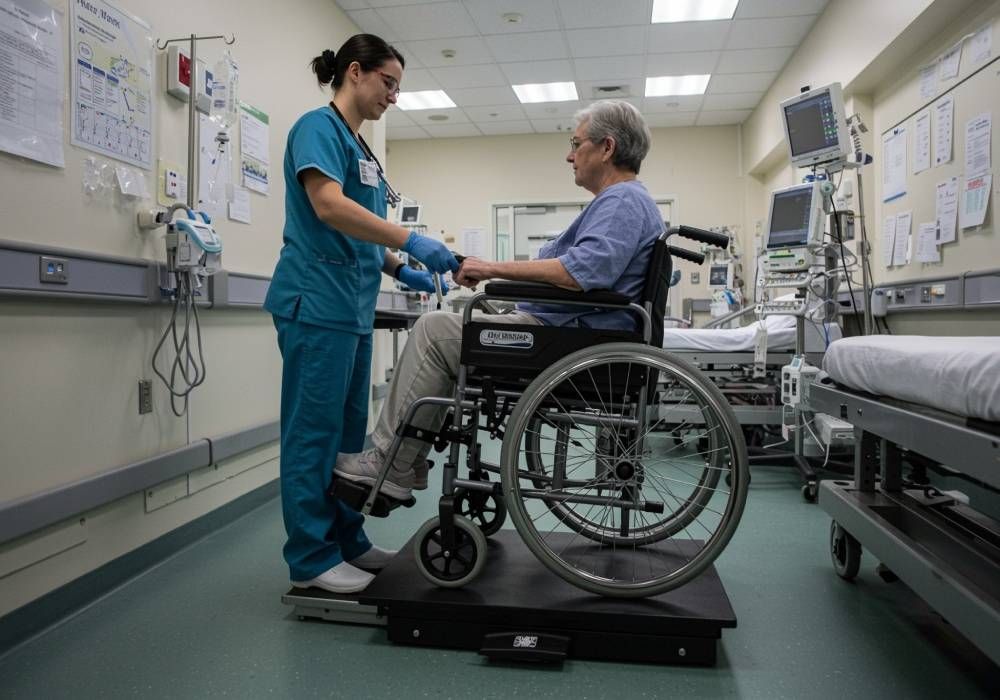 nurse weighing woman in wheelchair