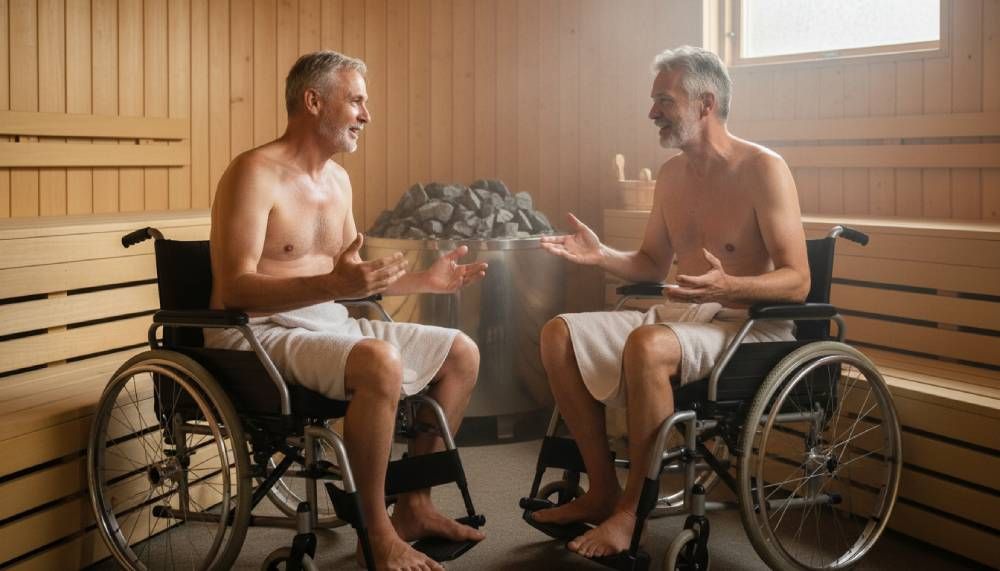 two men in wheelchairs chatting in sauna