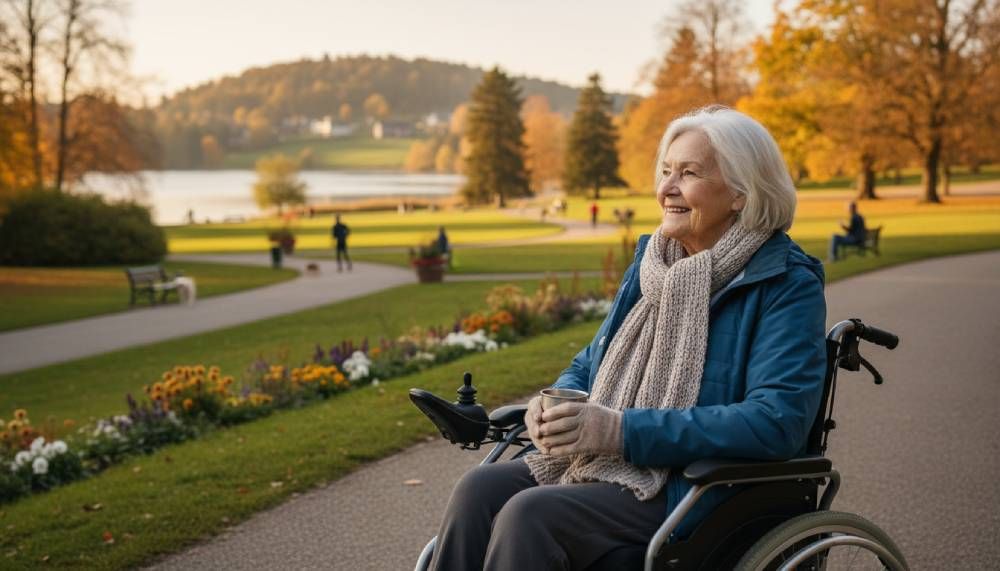 woman sitting in power wheelchair enjoying park view