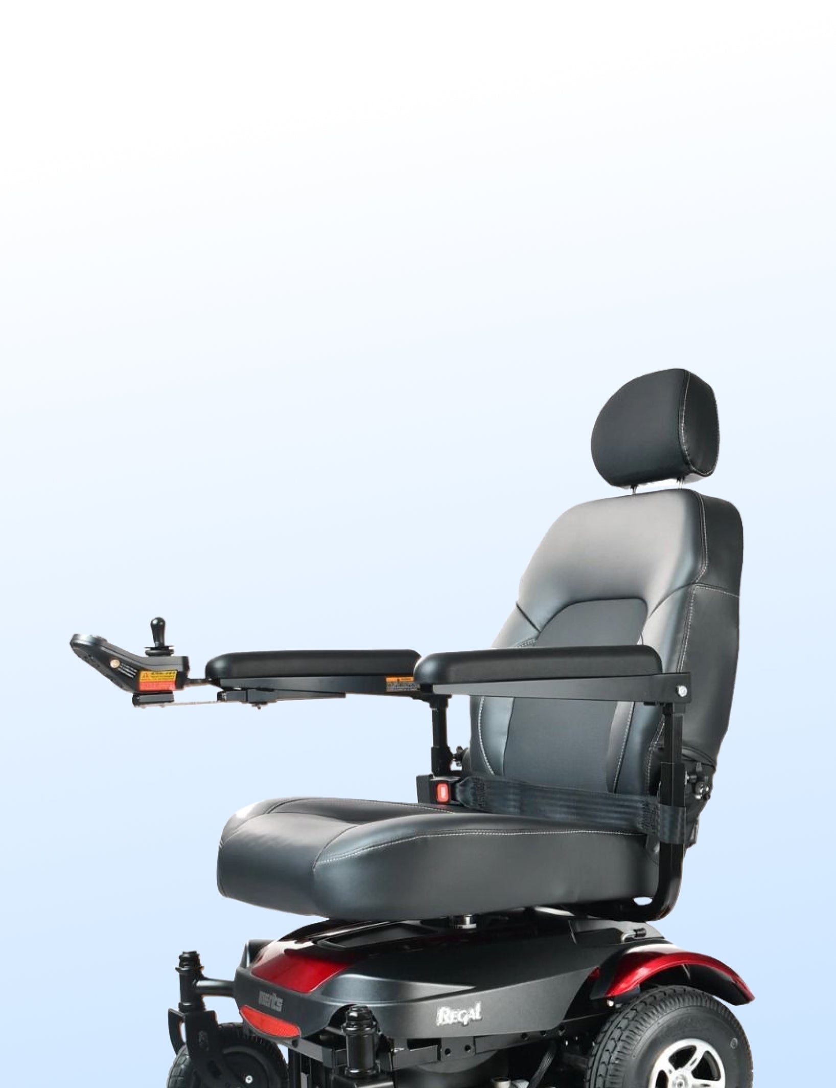 Black electric wheelchair with armrests on a light blue background