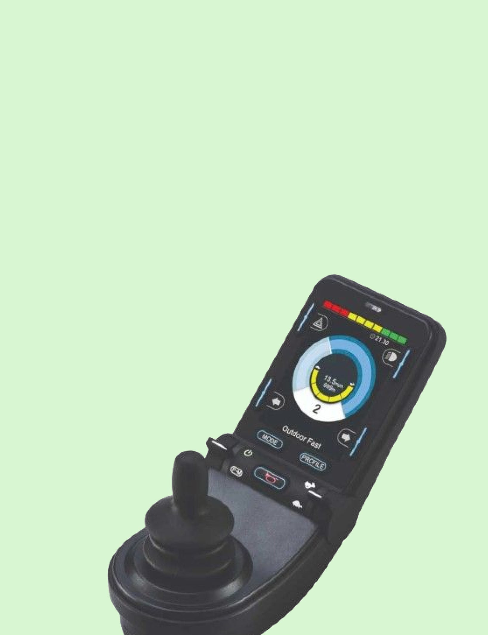 Control panel with joystick on a light green background