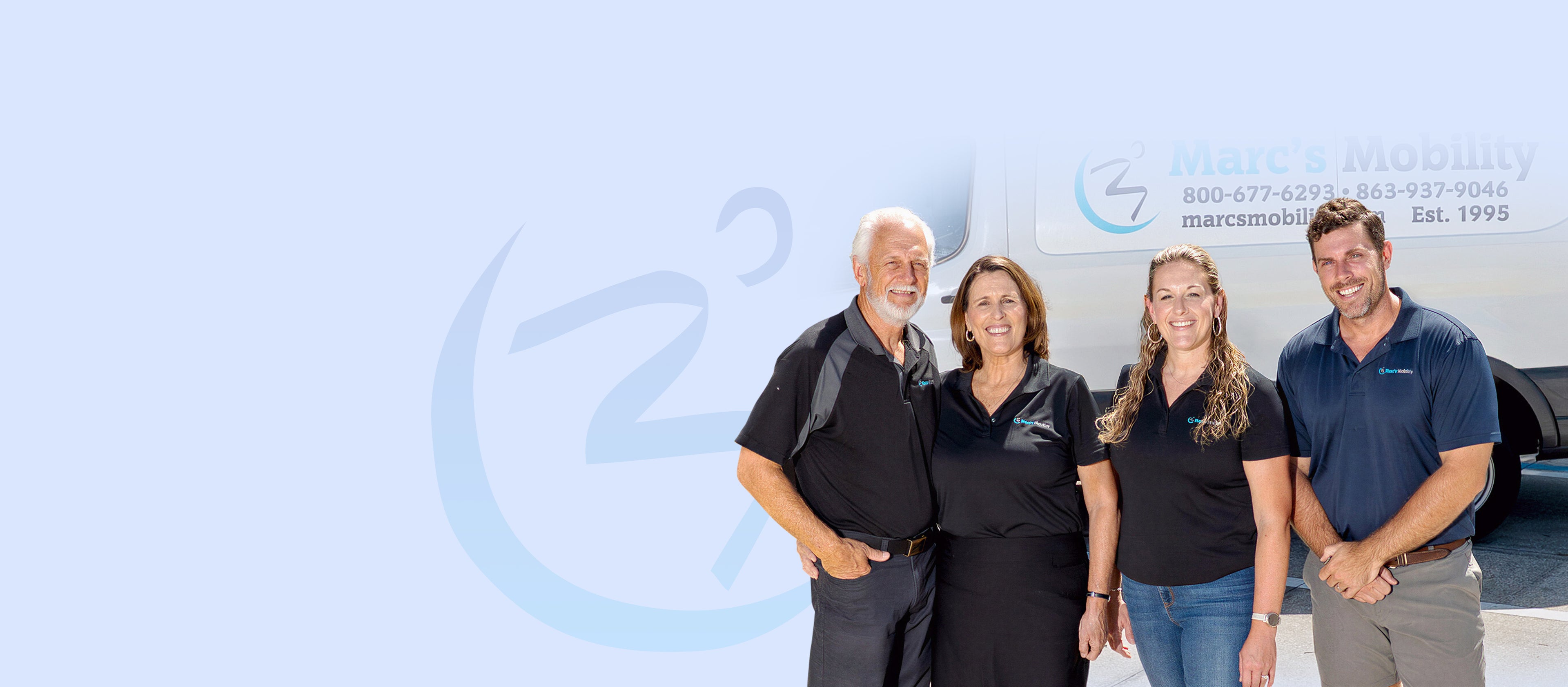 Four people standing in front of a vehicle with a company logo and contact information on a light blue background.