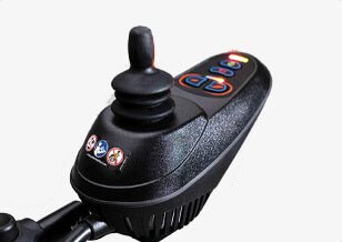 Black joystick controller with buttons on a white background